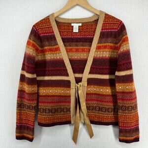 TWEEDS Sweater Womens M Lambswool Tie Front Fair Isle Cardigan Orange
